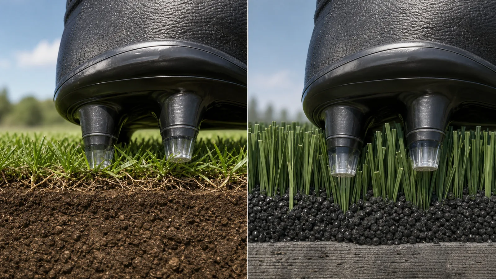 Firm ground football boot studs compared on natural and artificial grass