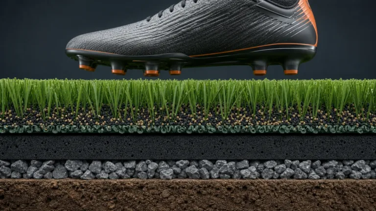 Artificial ground football boot above a 3G turf cross-section