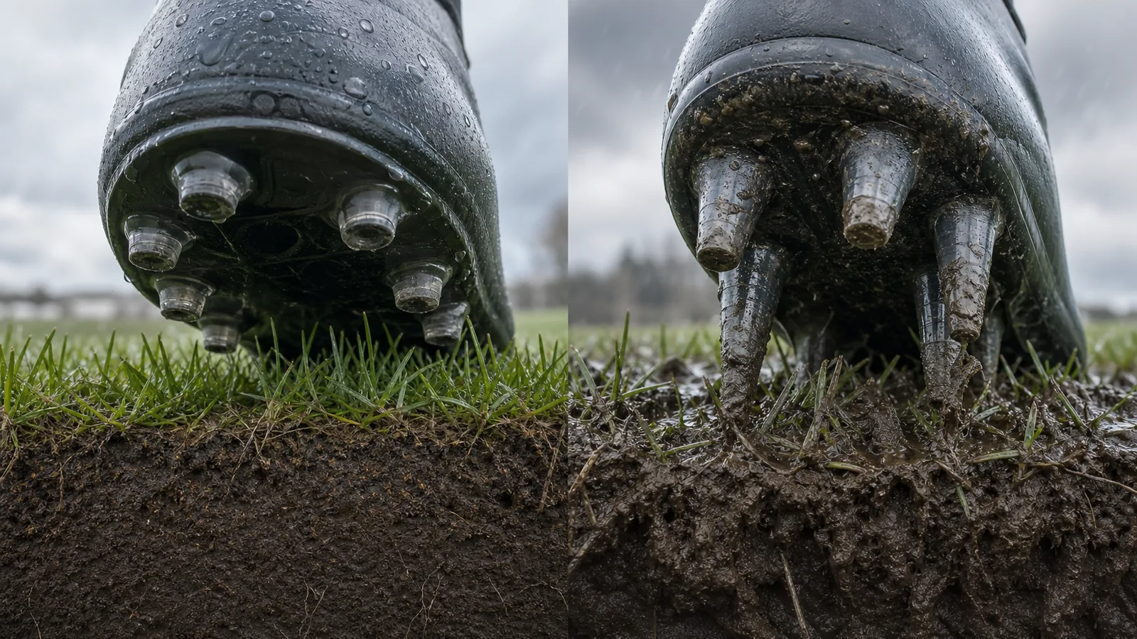 FG and SG football boot studs compared on damp and muddy natural grass