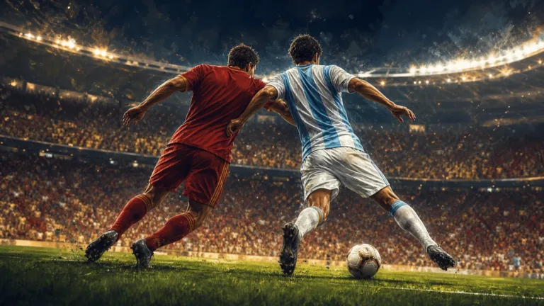 Spain vs Argentina World Cup final editorial illustration with two footballers competing under stadium lights