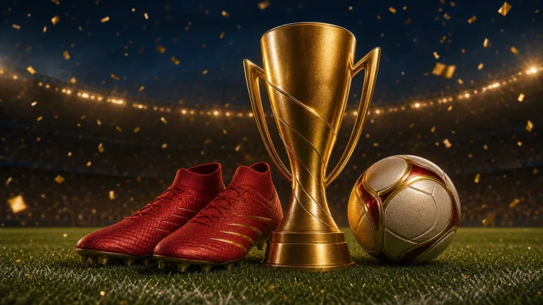 Spain World Cup 2026 champions editorial illustration with red football boots, a golden cup and match ball
